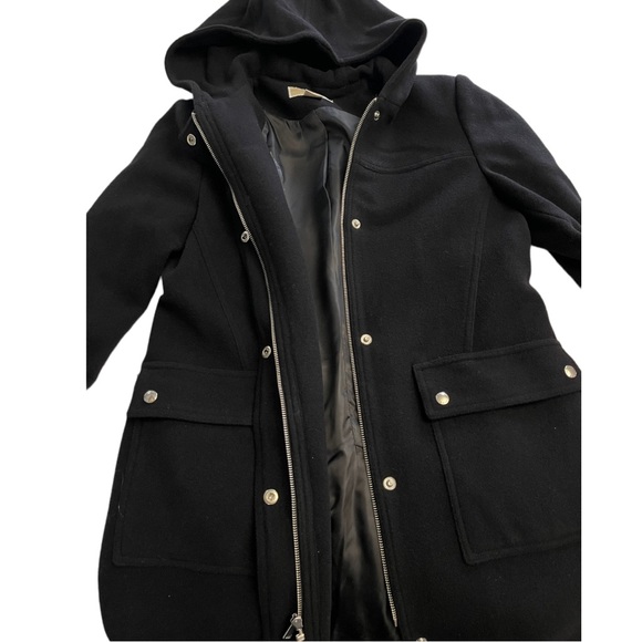Michael Kors Black Wool Zip Snap Button Front Hooded Pocket Mid Knee Overcoat - Picture 7 of 11
